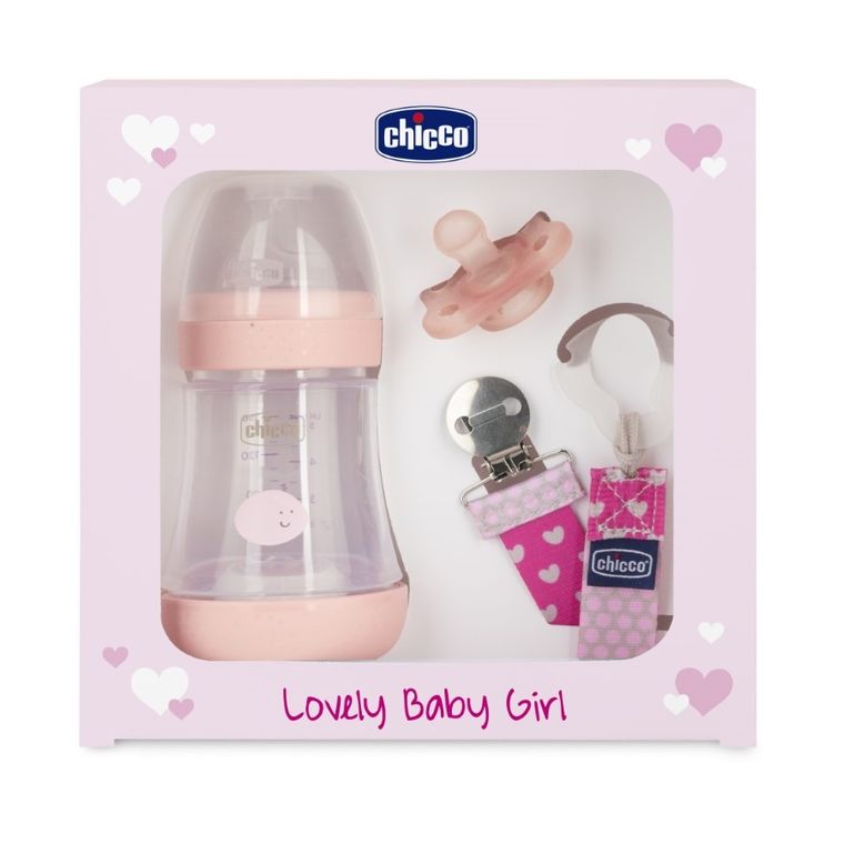 Chicco, Perfect5, Girl, zestaw dla noworodka:  butelka Perfect5 + smoczek Mini Soft + tasiemka