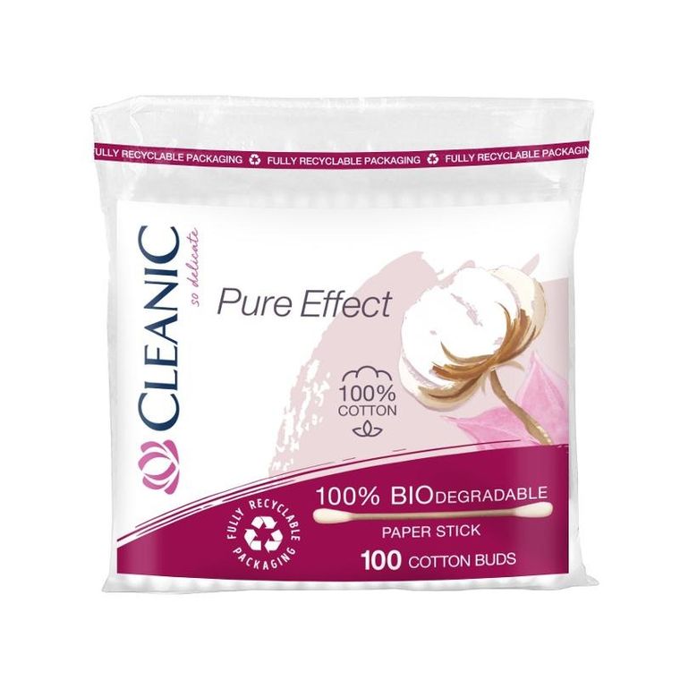 Cleanic, Pure Effect, patyczki higieniczne, 100% biodegradowalne, folia, 100 szt.
