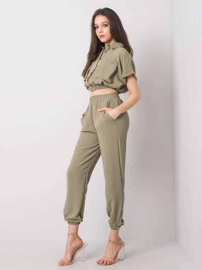 Komplet damski, Bluzka, Spodnie, khaki, Rue Paris