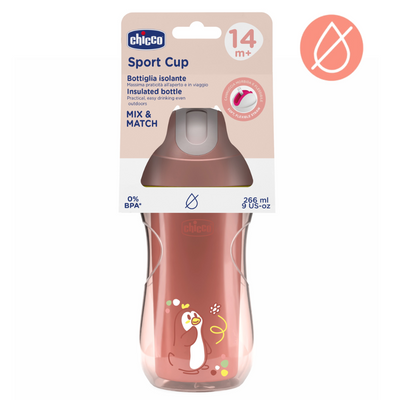 Chicco, kubek treningowy, niekapek, termiczny ze słomką, brzoskwiniowy,14m+, 266 ml