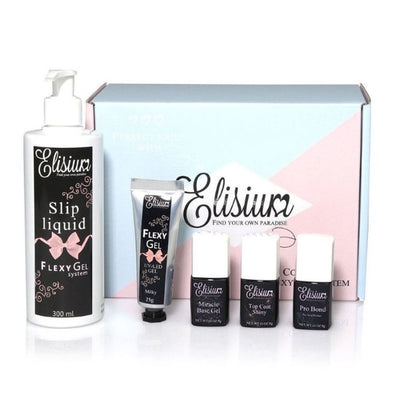 Elisium, zestaw startowy do hybryd:  Pro Bond + Miracle Base Gel + FlexyGel Milky & Slip Liquid + Top Coat Shiny