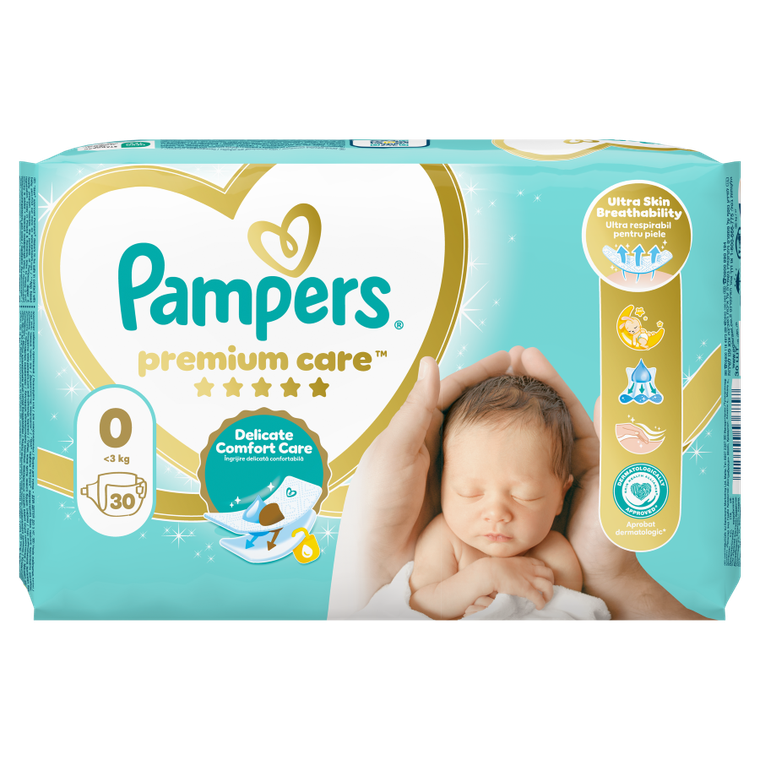 Pampers, Premium Care, pieluchy jednorazowe, rozmiar 0, do 3 kg, 30 szt.
