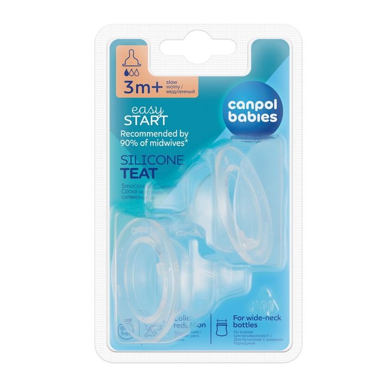 Canpol babies, silikonowe smoczki do butelki szerokootworowej EasyStart, wolny, 3m+, 2 szt.