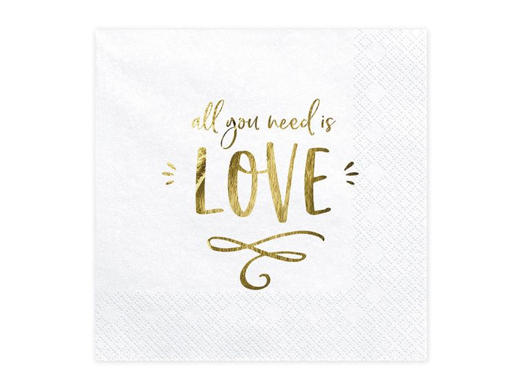 PartyDeco, serwetki papierowe na walentynki lub wesele, z napisem All you Need is Love, biały, 33x33 cm, 20 szt.