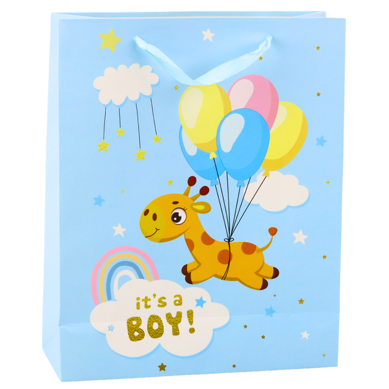 Lean Toys, torba prezentowa it's a boy żyrafa, niebieska, 32x26x10 cm, 1 szt.