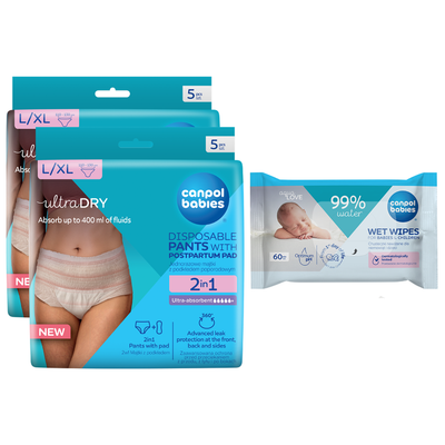 Canpol babies, zestaw dla mam po porodzie:  majtki dla kobiet po porodzie, rozmiar L/XL, 2 szt. + chusteczki nawilżane, 60 szt.