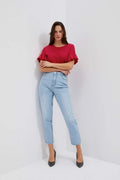 Spodnie jeansowe damskie, mom fit, niebieskie, Moodo