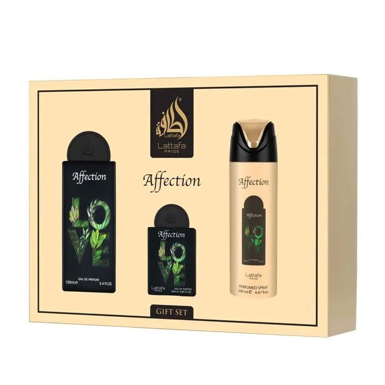Lattafa, Pride Affection, zestaw:  woda perfumowana, spray, 100 ml + woda perfumowana, spray, 20 ml + dezodorant, spray, 200 ml