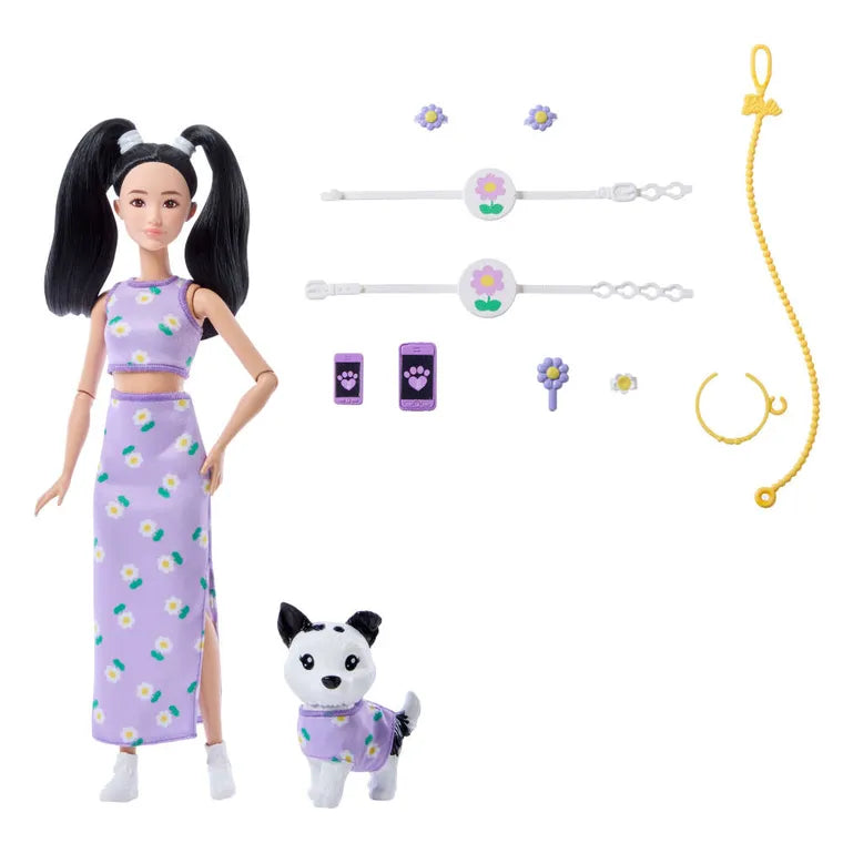 Barbie, Jednakowa stylizacja, lalka i piesek, Kwiatki