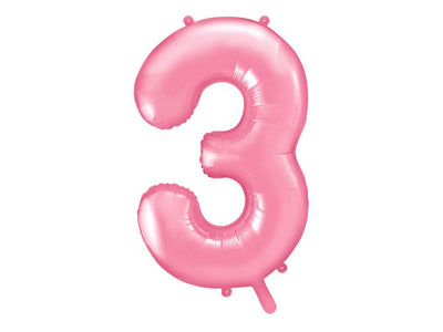 PartyDeco, balon foliowy, w kształcie cyfry 3, 86 cm, różowy