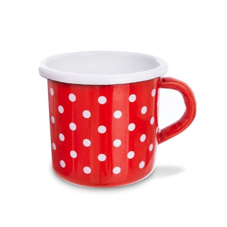 Orion, kubek emaliowany retro, czerwony w grochy, 0,4l