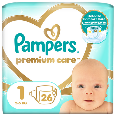 Pampers, Premium Care, pieluchy jednorazowe, rozmiar 1, 2-5 kg, 26 szt.