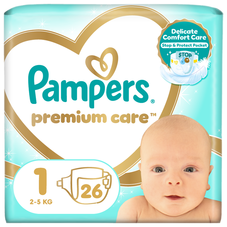 Pampers, Premium Care, pieluchy jednorazowe, rozmiar 1, 2-5 kg, 26 szt.