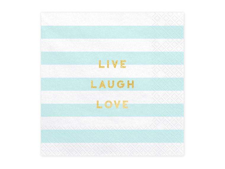 PartyDeco, Yummy, serwetki papierowe urodzinowe, Live Laugh Love, jasny niebieski, 33x33 cm, 20 szt.