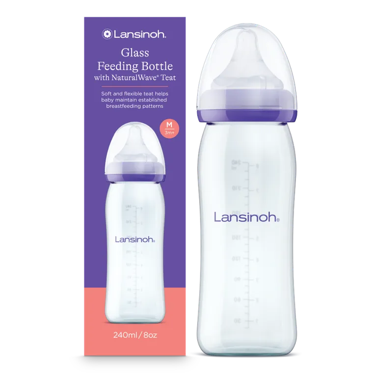 Lansinoh, NaturalWave, szklana butelka do karmienia ze smoczkiem, rozmiar M, 240 ml