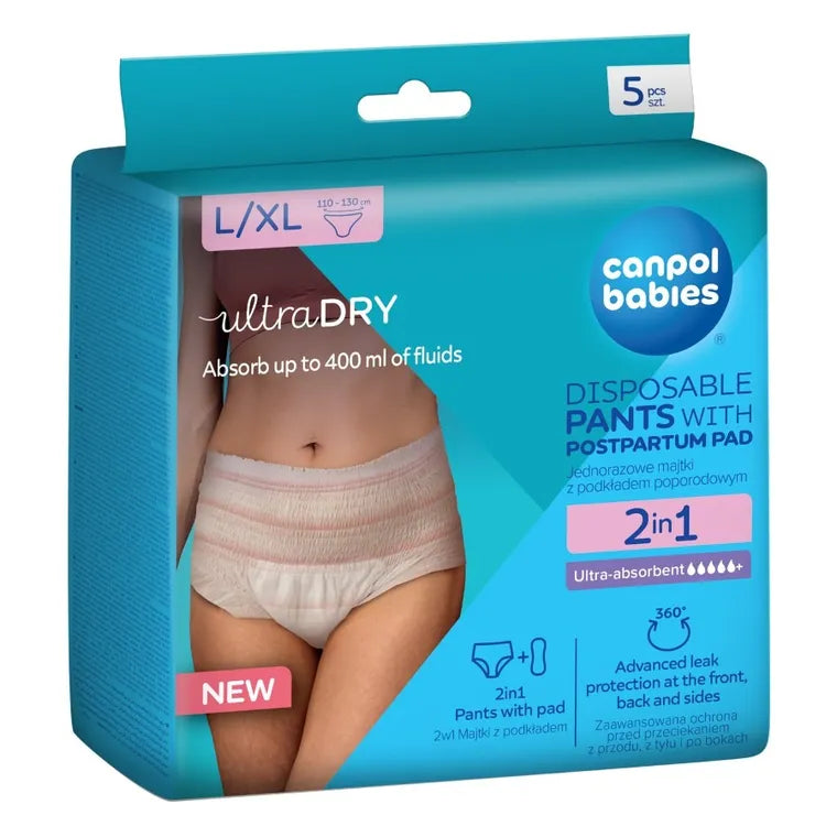 Canpol babies, oddychające majtki poporodowe z podkładem, 2w1, rozmiar L/XL, 5 szt.