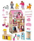 Enero Toys, drewniany domek dla lalek, LED, zestaw z lalkami i akcesoriami, XXXL