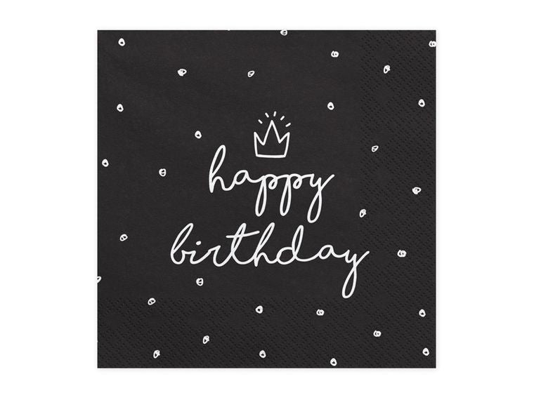 PartyDeco, serwetki papierowe, Happy Birthday, czarne, 33x33 cm, 20 szt.