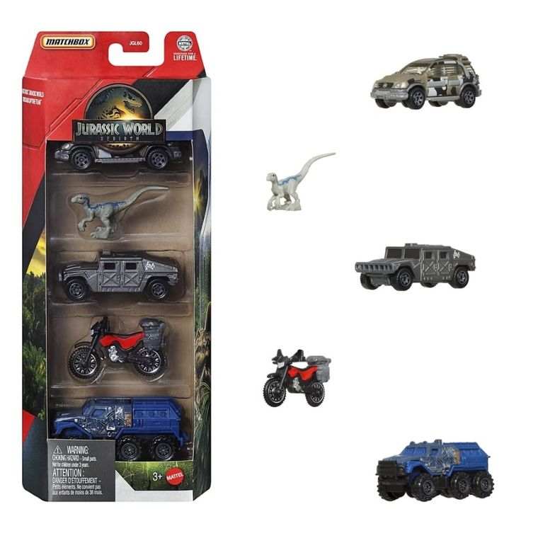 Matchbox, Jurassic World, Samochodziki i dinozaur, 5-pak zabawek, 1 szt.
