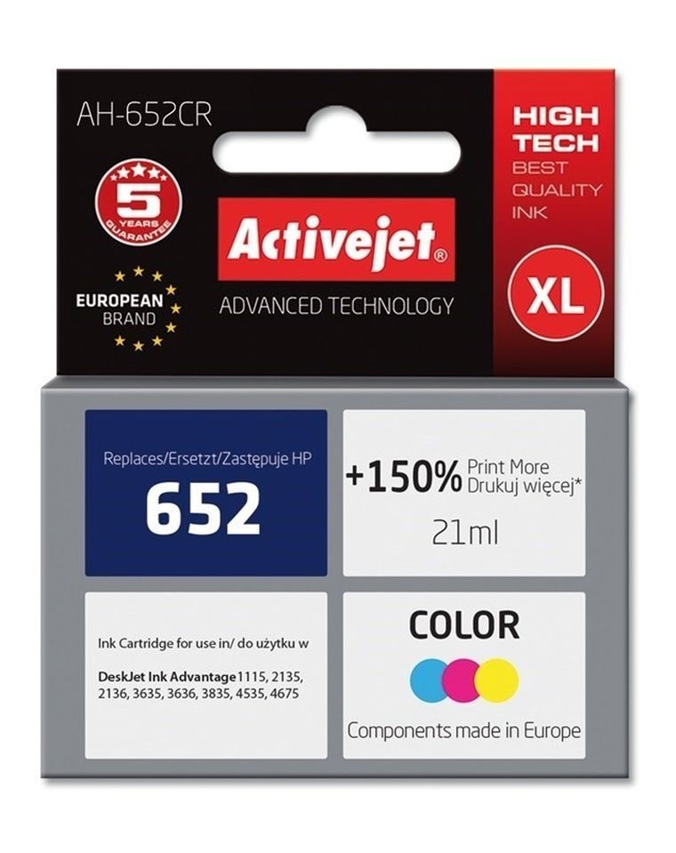 Activejet, tusz do drukarki, zamiennik HP 652 F6V24AE, Premium, 21 ml, kolor, AH-652CR