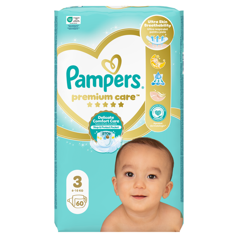 Pampers, Premium Care, pieluchy jednorazowe, rozmiar 3, 6-10 kg, 60 szt.