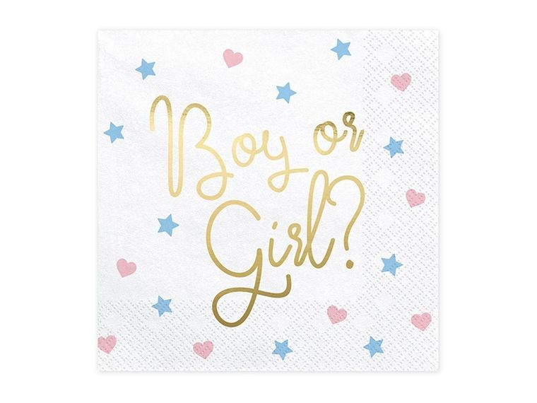 PartyDeco, Gender Reveal Party, serwetki papierowe na baby shower, Boy or Girl?, 33x33 cm, 20 szt.