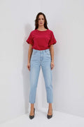 Spodnie jeansowe damskie, mom fit, niebieskie, Moodo