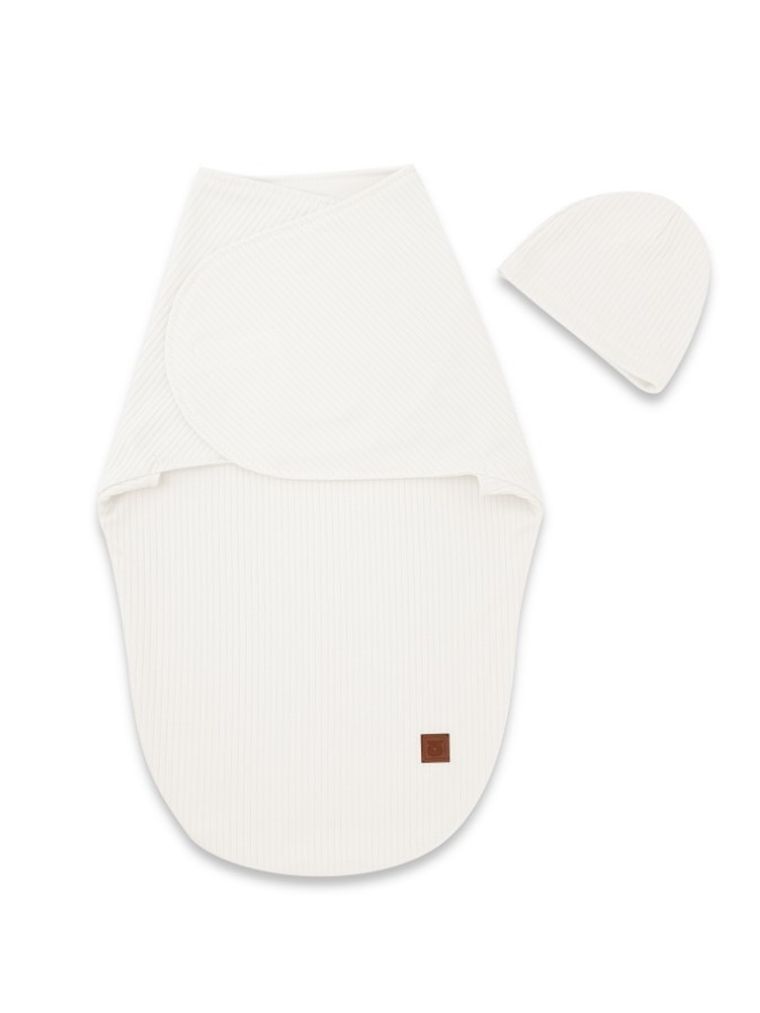 MimiNu, Soft, Leo, komplet:  otulaczek do spania + czapeczka, śmietanka, 0-3m