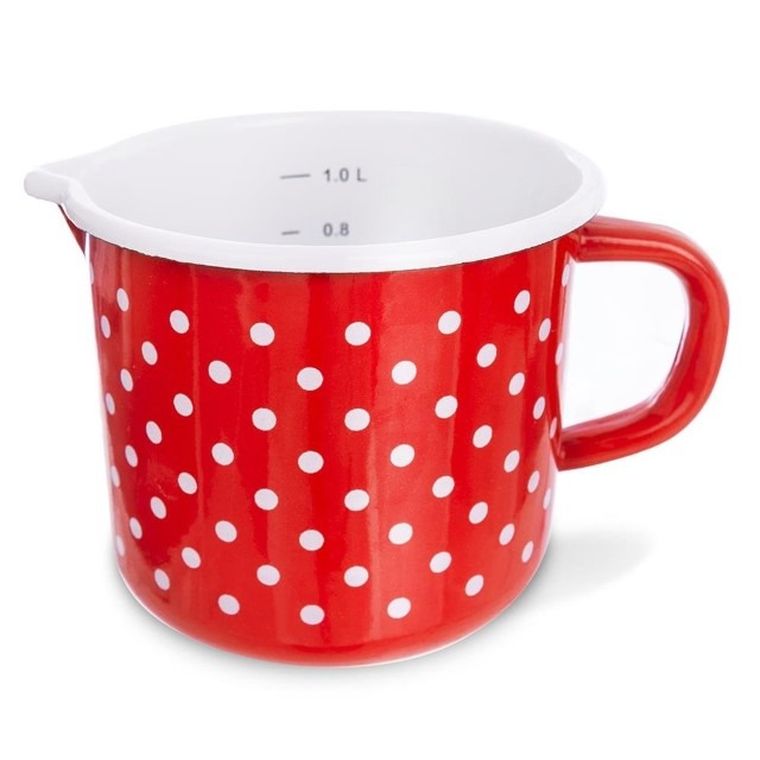 Orion, kubek emaliowany retro, czerwony w grochy, 1,2l