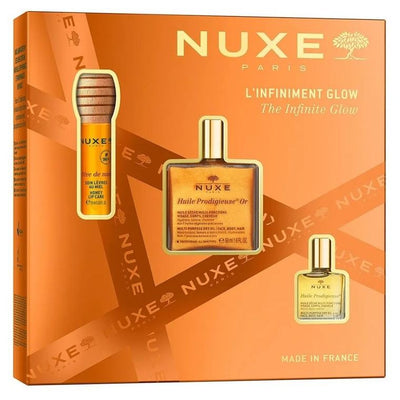 Nuxe, The Infinite Glow, zestaw:  miodowy olejek do ust, 10 ml + suchy olejek z drobinkami, 50 ml + suchy olejek, 10 ml