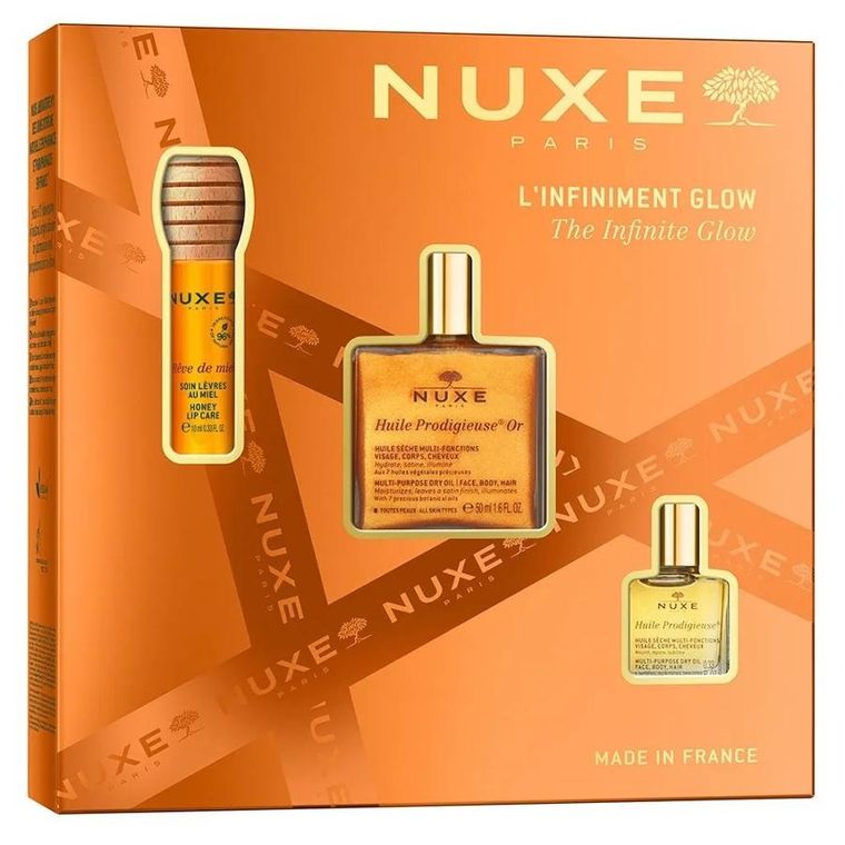 Nuxe, The Infinite Glow, zestaw:  miodowy olejek do ust, 10 ml + suchy olejek z drobinkami, 50 ml + suchy olejek, 10 ml