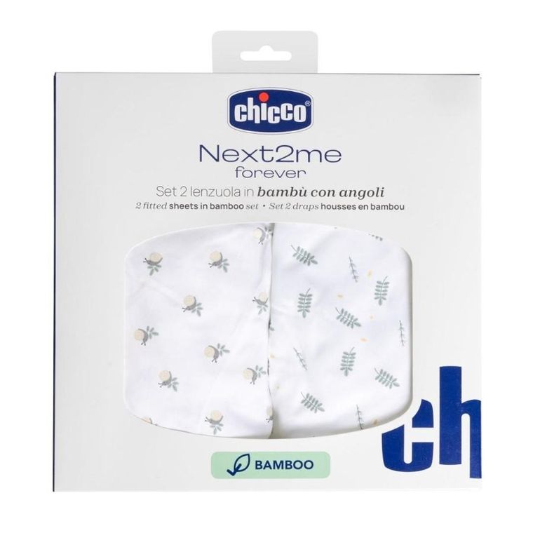 Chicco, Next2Me Forever, zestaw:  prześcieradło i poszewka na poduszkę, bambus, foliage, 3 szt.