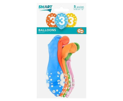 Godan, balony cyfra 3, miks kolorów, 30 cm, 5 szt.