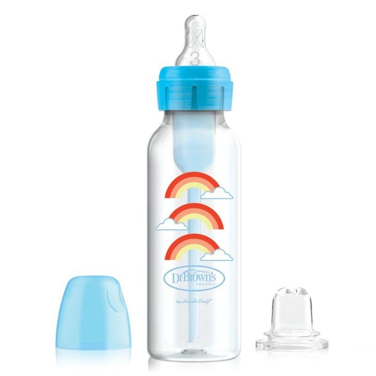 Dr Brown's, Options, Od butelki do kubka, zestaw:  butelka 250ml ze smoczkiem i ustnikiem, niebieski, 6m+