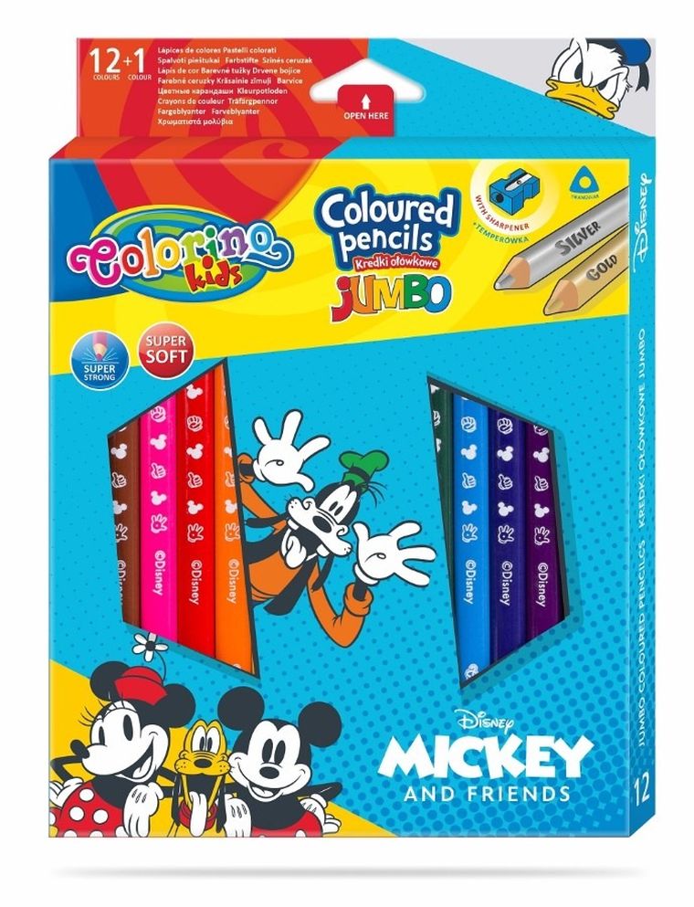 Colorino, Myszka Miki, Jumbo, kredki ołówkowe, trójkątne, 12+1 kredka złota/srebrna, temperówka