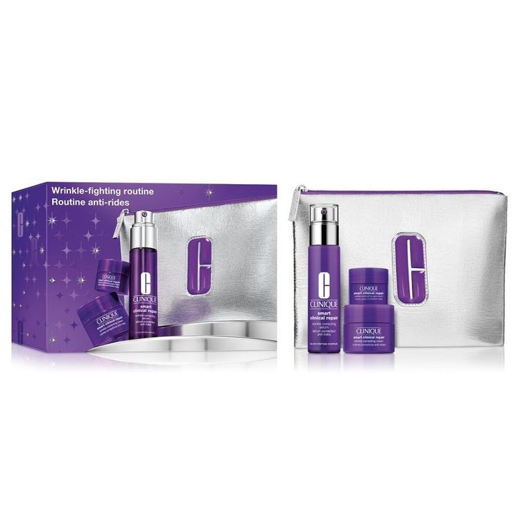 Clinique, Wrinkle Fighting Routine, zestaw:  serum do twarzy, 30 ml + krem do twarzy, 15 ml + krem pod oczy, 5 ml + kosmetyczka