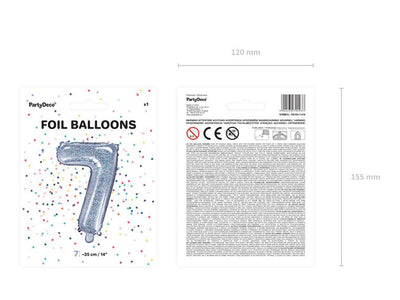 PartyDeco, balon foliowy, w kształcie cyfry 7, 35 cm, holograficzny