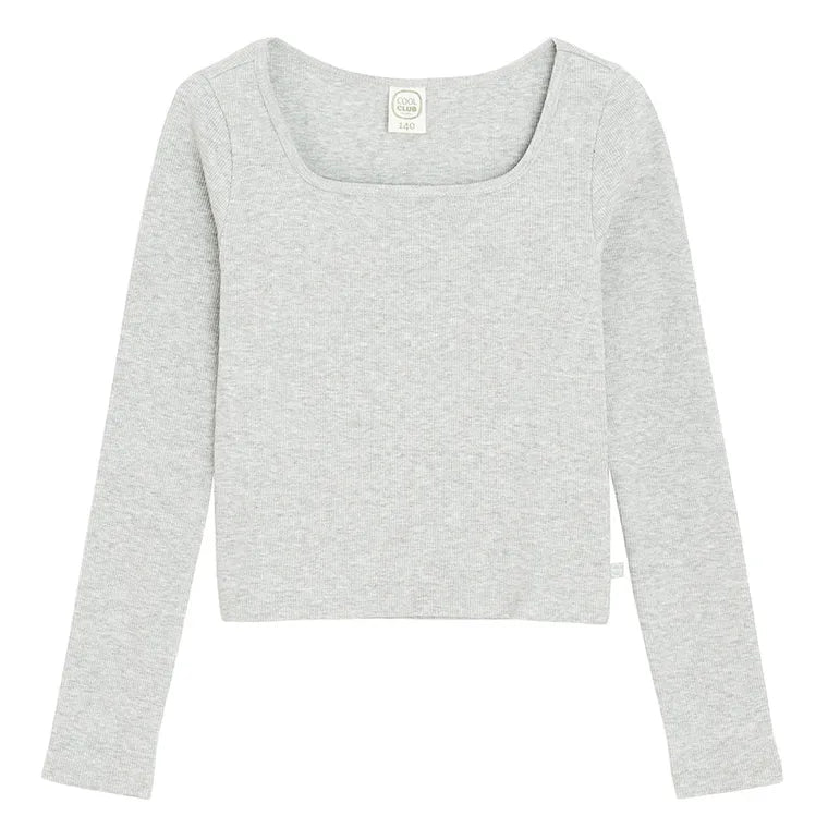 Cool Club, Bluzka dziewczęca z długim rękawem, crop top, prążkowana, szara melanż