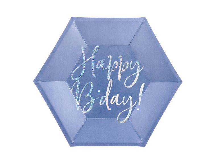 PartyDeco, talerzyki papierowe happy b'day! granatowe, 20 cm, 6 szt.