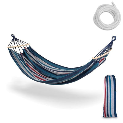 Tadar, zestaw:  hamak, paski niebieskie, 200x150 cm + 2 liny 300 cm + torba