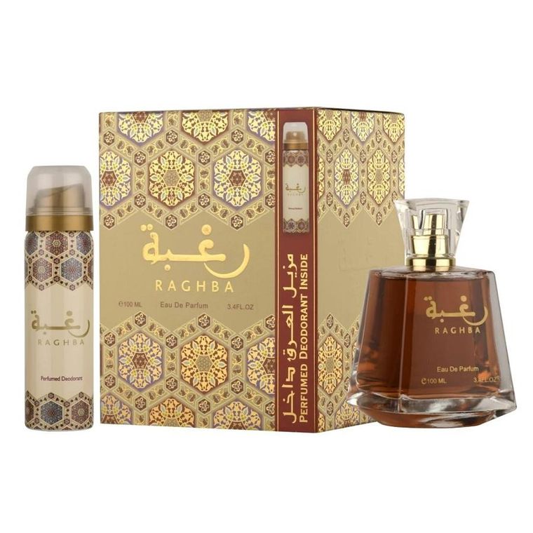 Lattafa, Raghba, zestaw, woda perfumowana spray, 100 ml + dezodorant spray, 50 ml