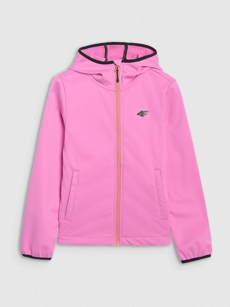 Kurtka softshell dziewczęca z kapturem, różowa, 4F