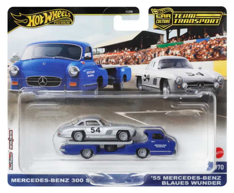 Hot Wheels, 50. rocznica, Mercedes-Benz 300 SL & '55 Mercedes-Benz Blaues Wunder, pojazdy transportowe Premium, skala 1: 64, HRV48