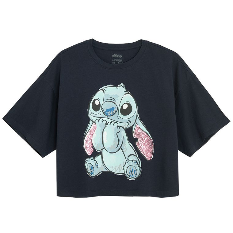 Cool Club, T-shirt dziewczęcy, crop top, granatowy, Lilo i Stitch