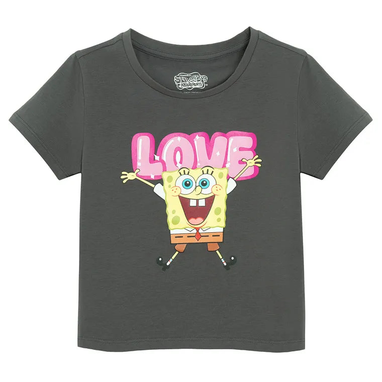 Cool Club, T-shirt dziewczęcy, crop top, ciemnoszary, SpongeBob