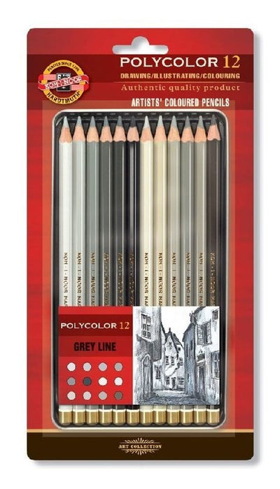 Koh-I-Noor, Polycolor, kredki, odcienie szarości, 12 kolorów w metalowej kasetce