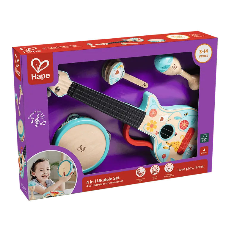 Hape, zestaw muzyczny 4w1, zabawka drewniana